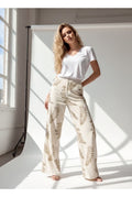 Pantalon Large Imprimé Feuillage Élégant - Beige