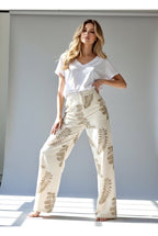 Pantalon Large Imprimé Feuillage Élégant - Beige