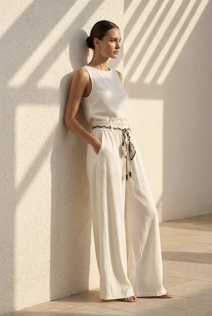 Pantalon large fluide taille ajustable - Blanc