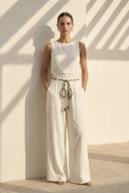 Pantalon large fluide taille ajustable - Blanc