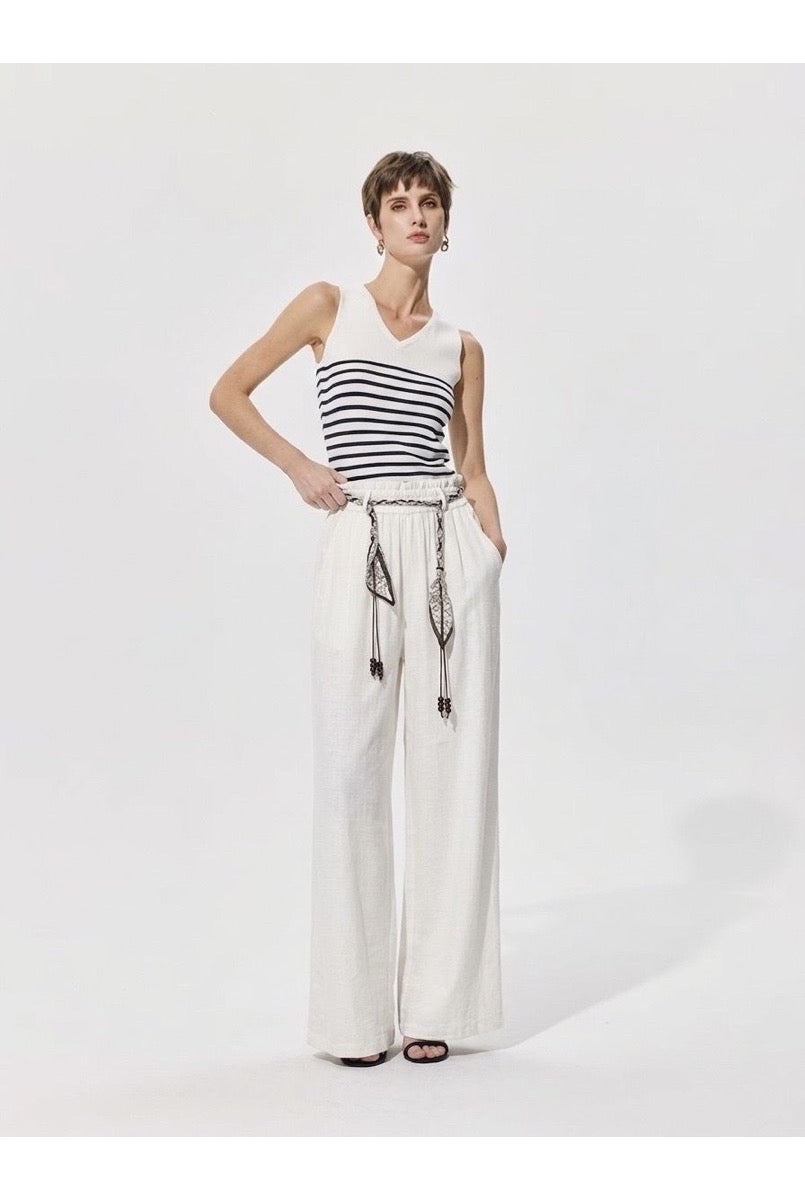 Pantalon large fluide taille ajustable - Blanc