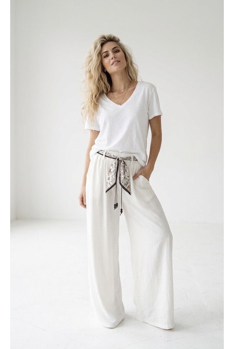 Pantalon large fluide taille ajustable - Blanc