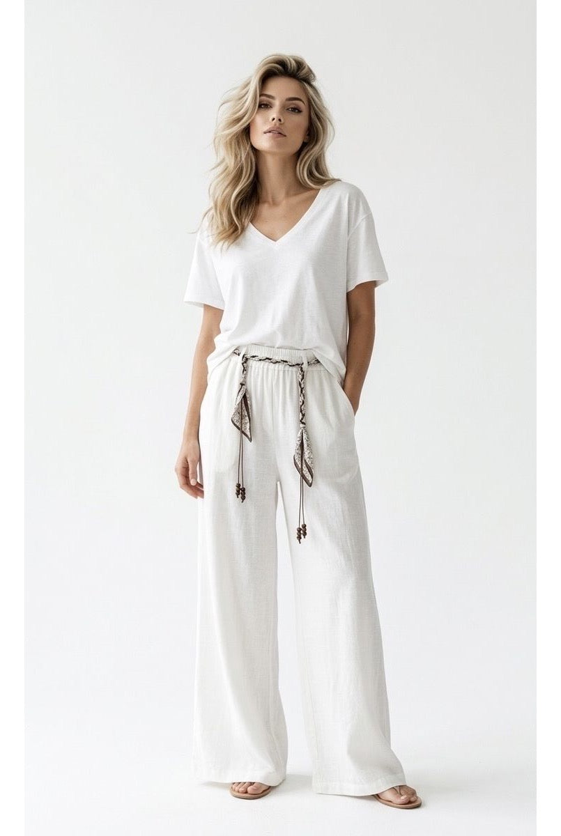 Pantalon large fluide taille ajustable - Blanc