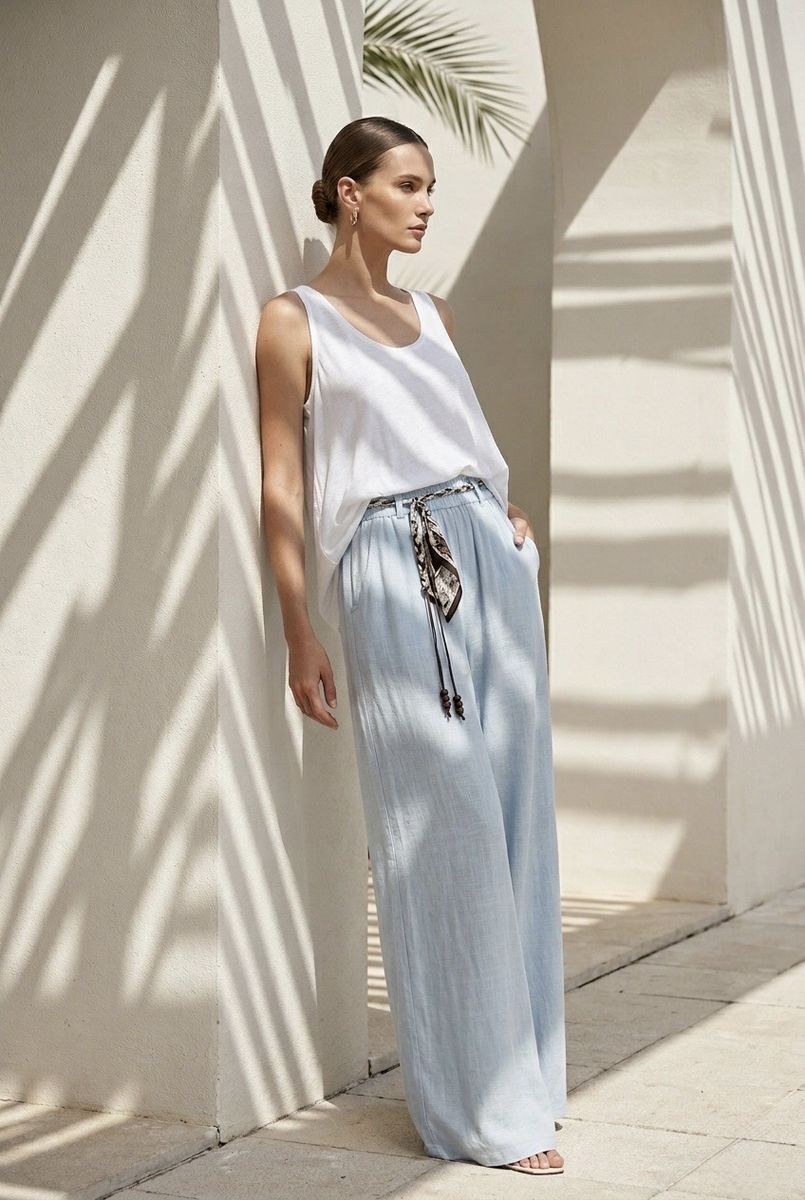 Pantalon large fluide taille ajustable - Bleu