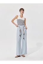 Pantalon large fluide taille ajustable - Bleu
