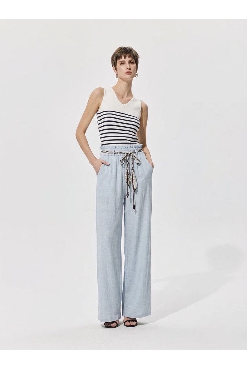 Pantalon large fluide taille ajustable - Bleu