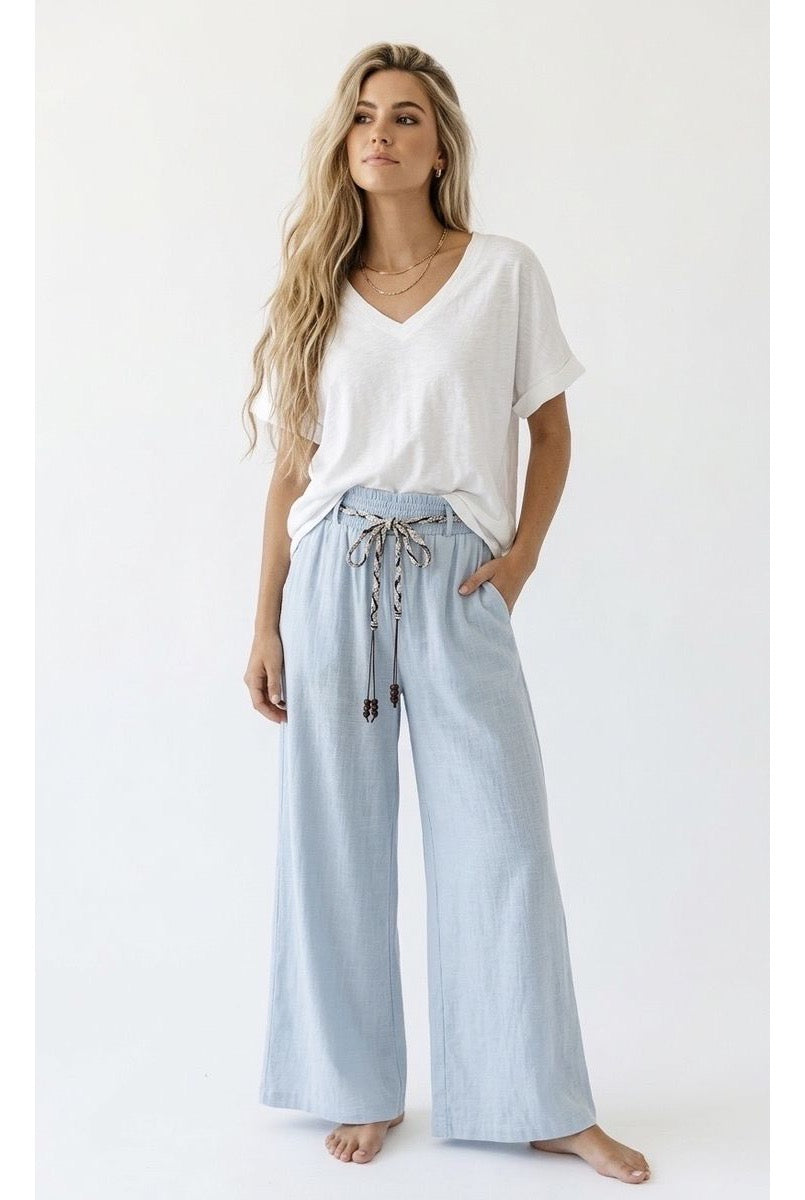 Pantalon large fluide taille ajustable - Bleu