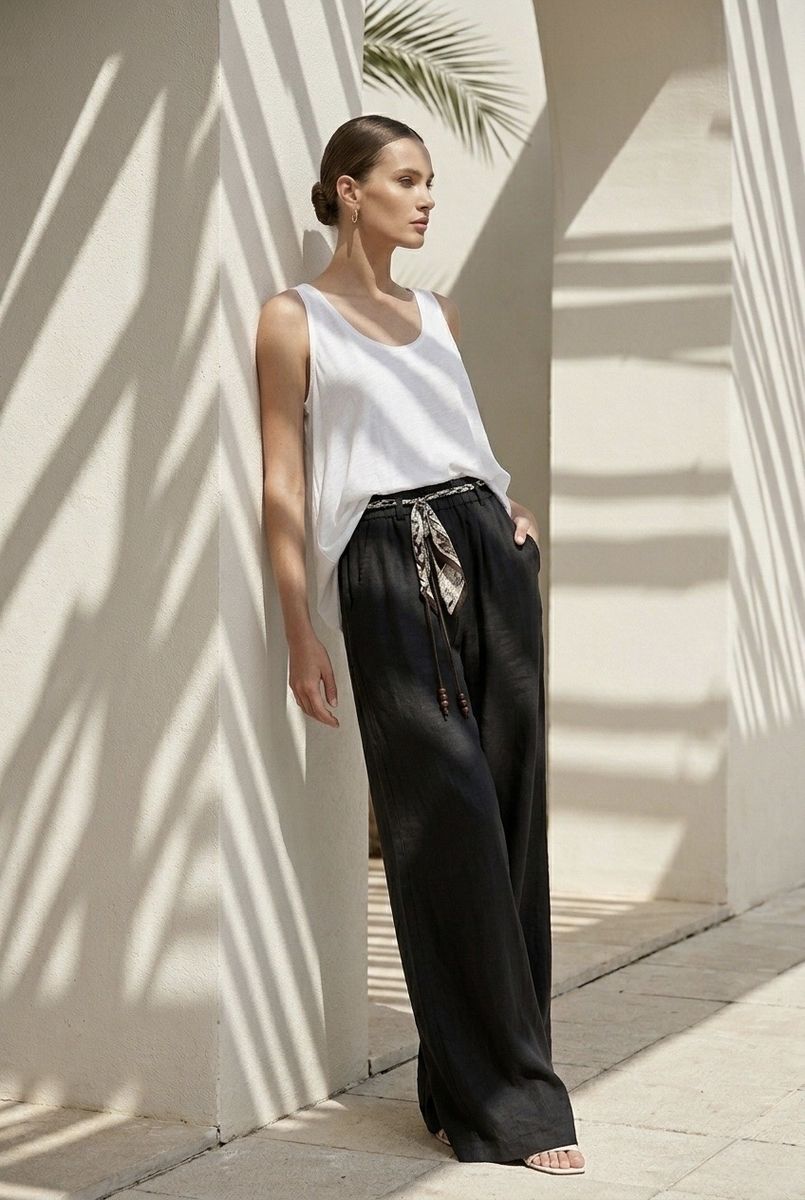 Pantalon large fluide taille ajustable - Noir