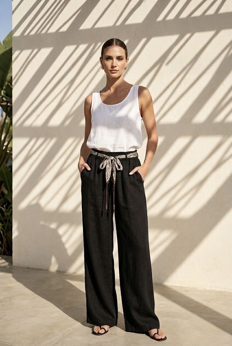 Pantalon large fluide taille ajustable - Noir