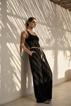 Pantalon large fluide taille ajustable - Noir
