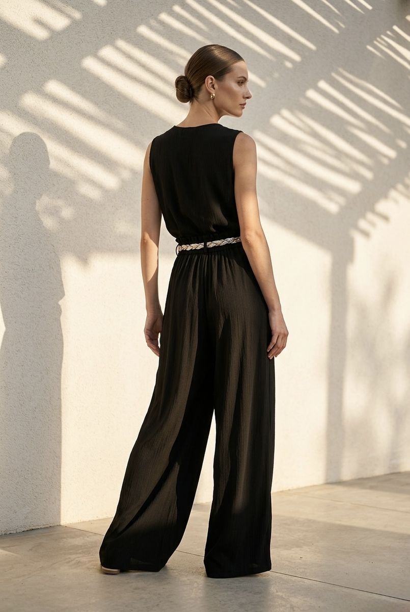 Pantalon large fluide taille ajustable - Noir
