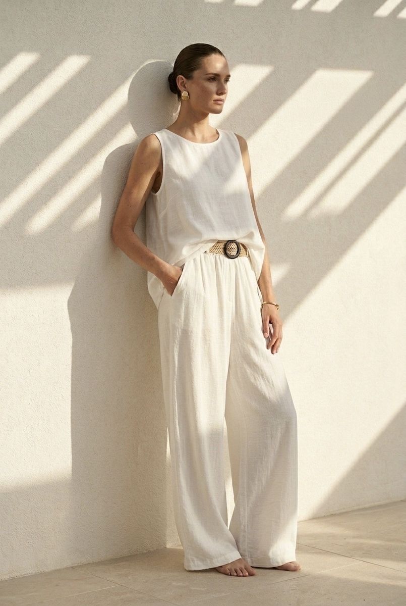 Pantalon large fluide taille ceinturée - Blanc