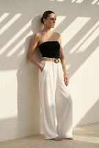 Pantalon large fluide taille ceinturée - Blanc