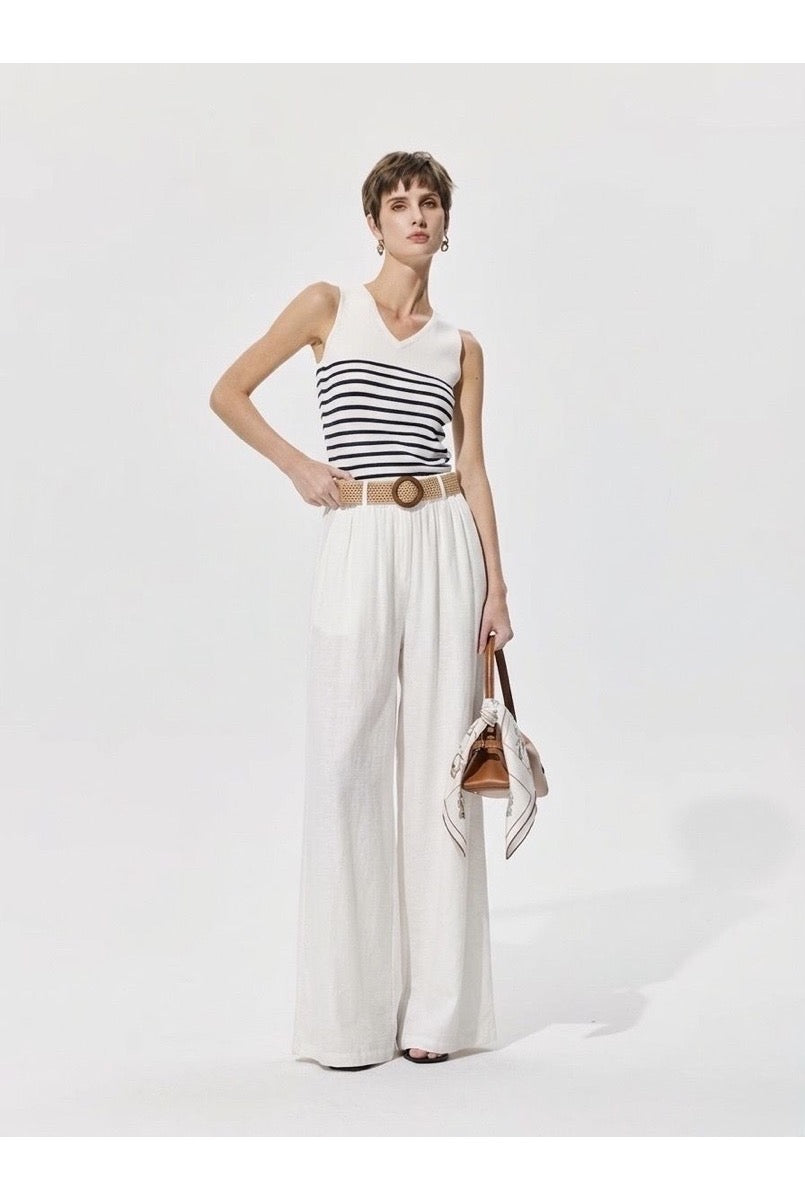 Pantalon large fluide taille ceinturée - Blanc