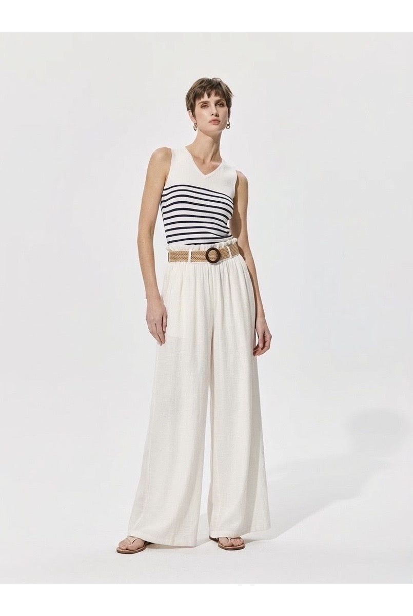 Pantalon large fluide taille ceinturée - Blanc