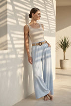 Pantalon large fluide taille ceinturée - Bleu