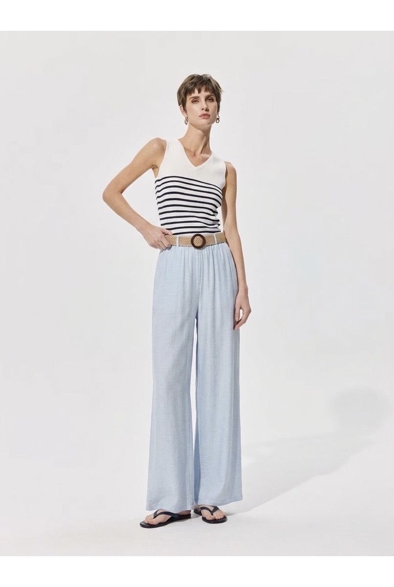 Pantalon large fluide taille ceinturée - Bleu