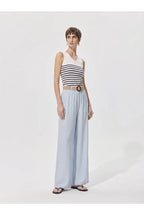 Pantalon large fluide taille ceinturée - Bleu