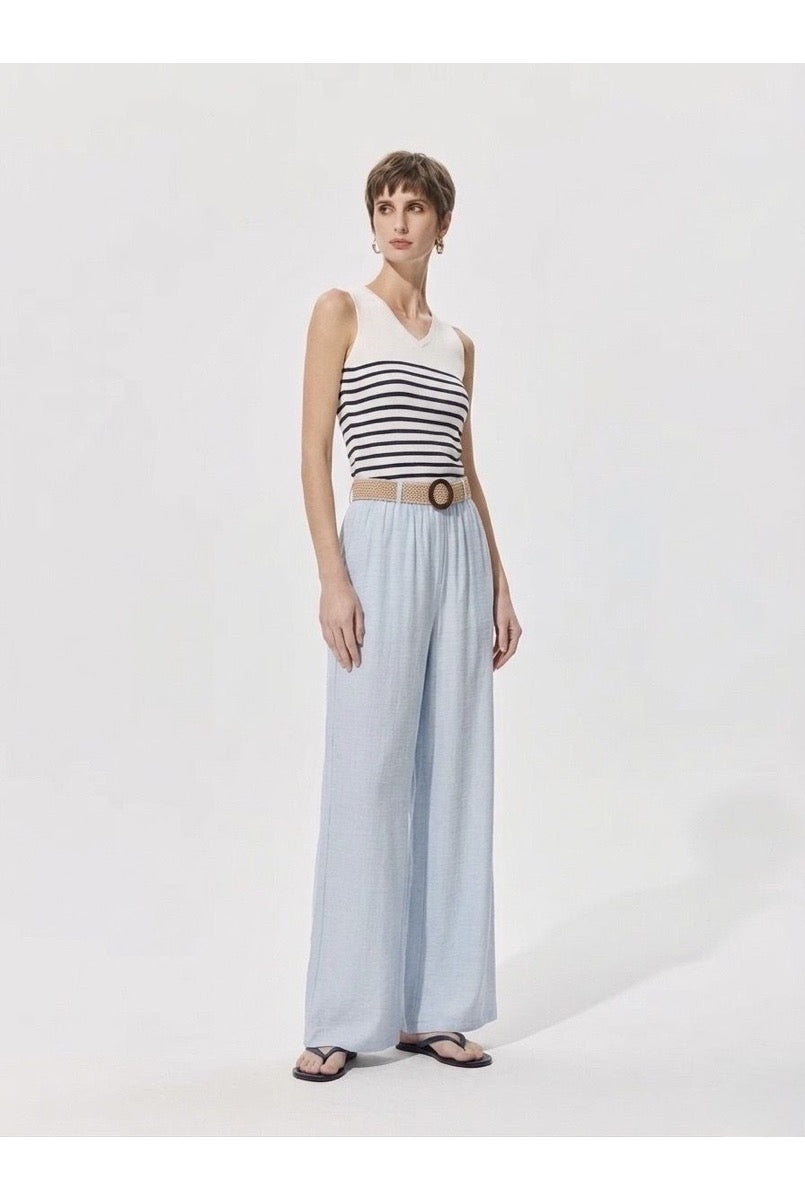 Pantalon large fluide taille ceinturée - Bleu