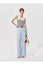 Pantalon large fluide taille ceinturée - Bleu