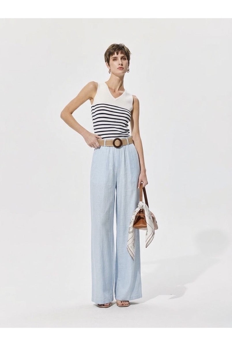 Pantalon large fluide taille ceinturée - Bleu