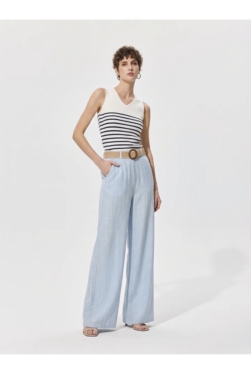 Pantalon large fluide taille ceinturée - Bleu