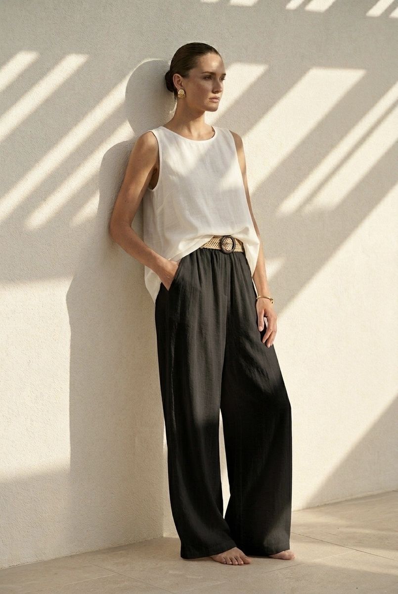 Pantalon large fluide taille ceinturée - Noir