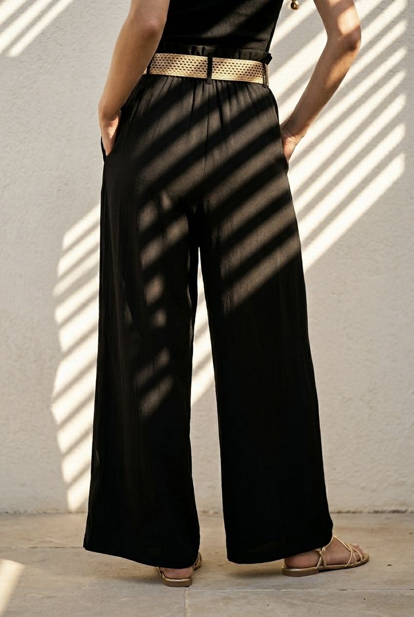 Pantalon large fluide taille ceinturée - Noir