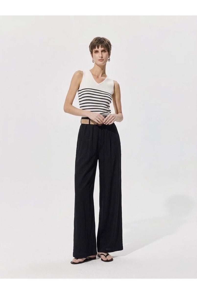 Pantalon large fluide taille ceinturée - Noir