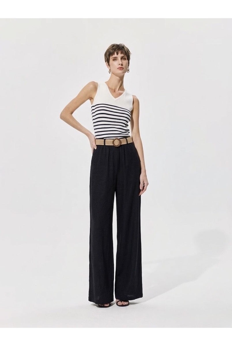 Pantalon large fluide taille ceinturée - Noir
