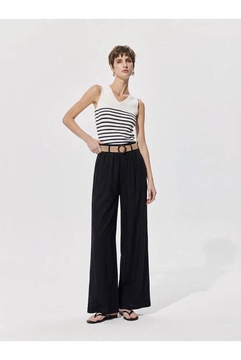 Pantalon large fluide taille ceinturée - Noir