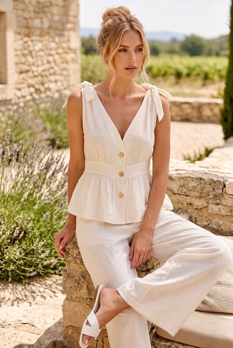 Top fluide noué épaules style romantique - Écru