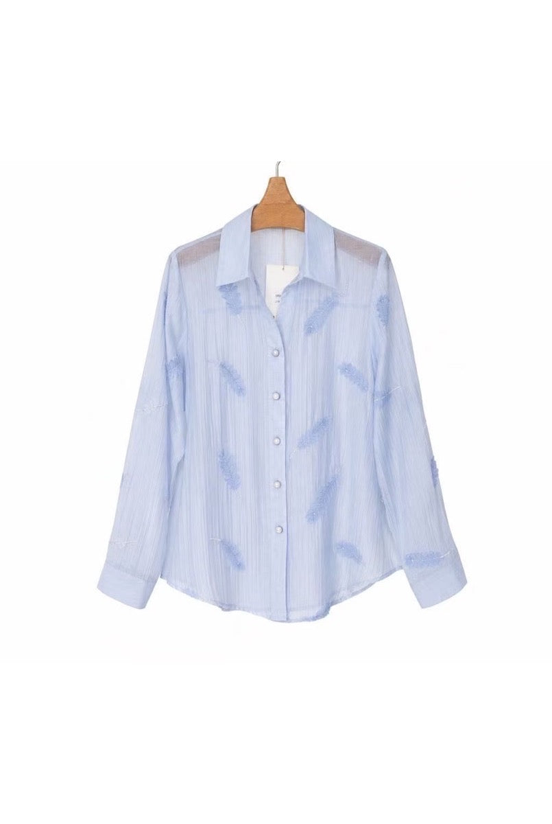 Chemise fluide broderie légère deux couleurs - Bleu