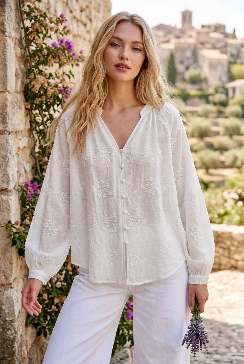Chemise brodée légère charme deux couleurs - Blanc