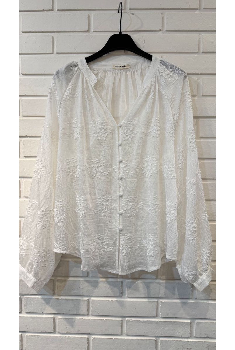 Chemise brodée légère charme deux couleurs - Blanc