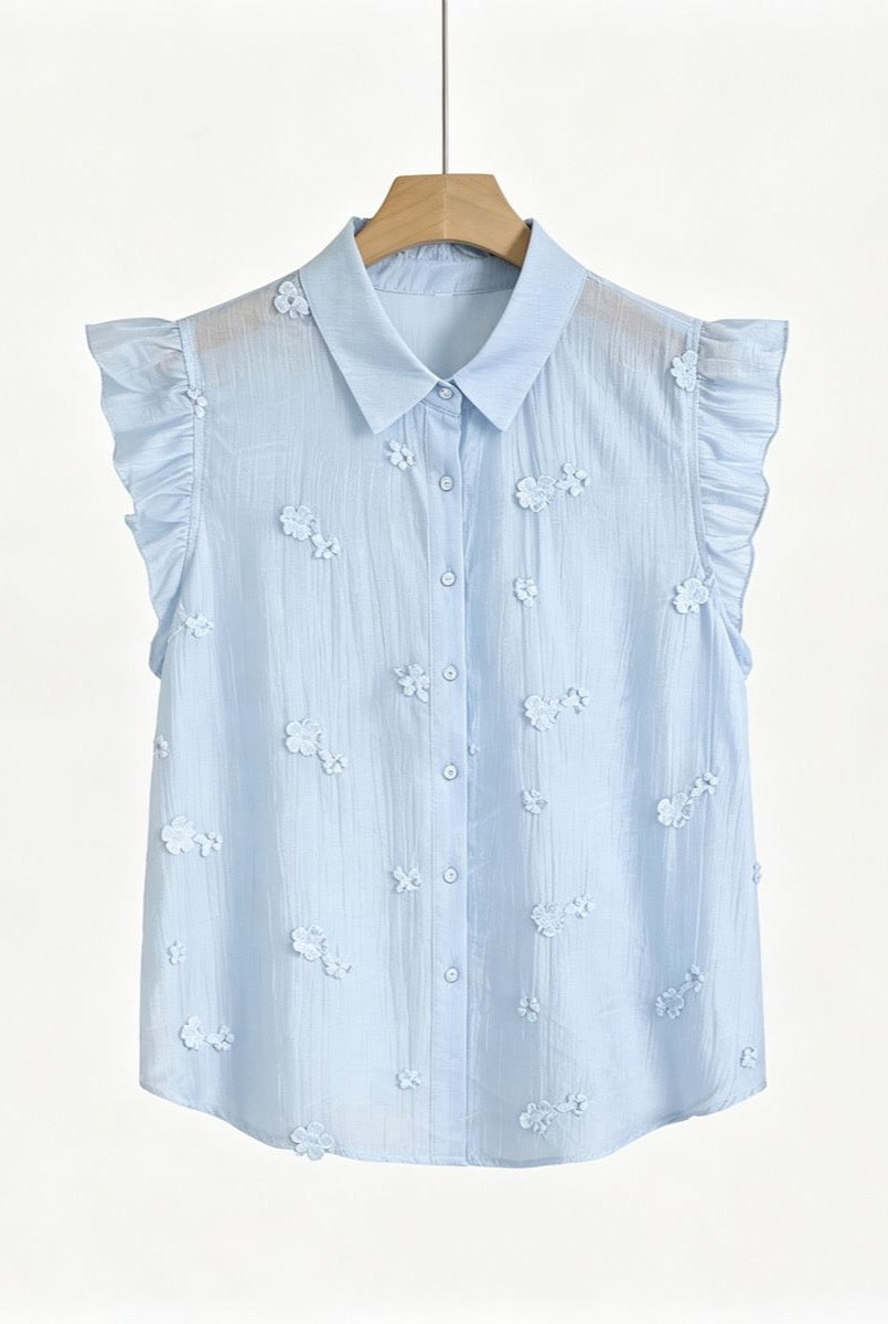Chemisier Romantique à Volants et Broderies Florales - Bleu