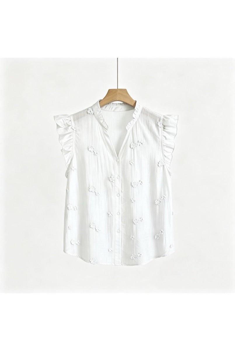 Top fluide brodé relief blanc bleu - Blanc