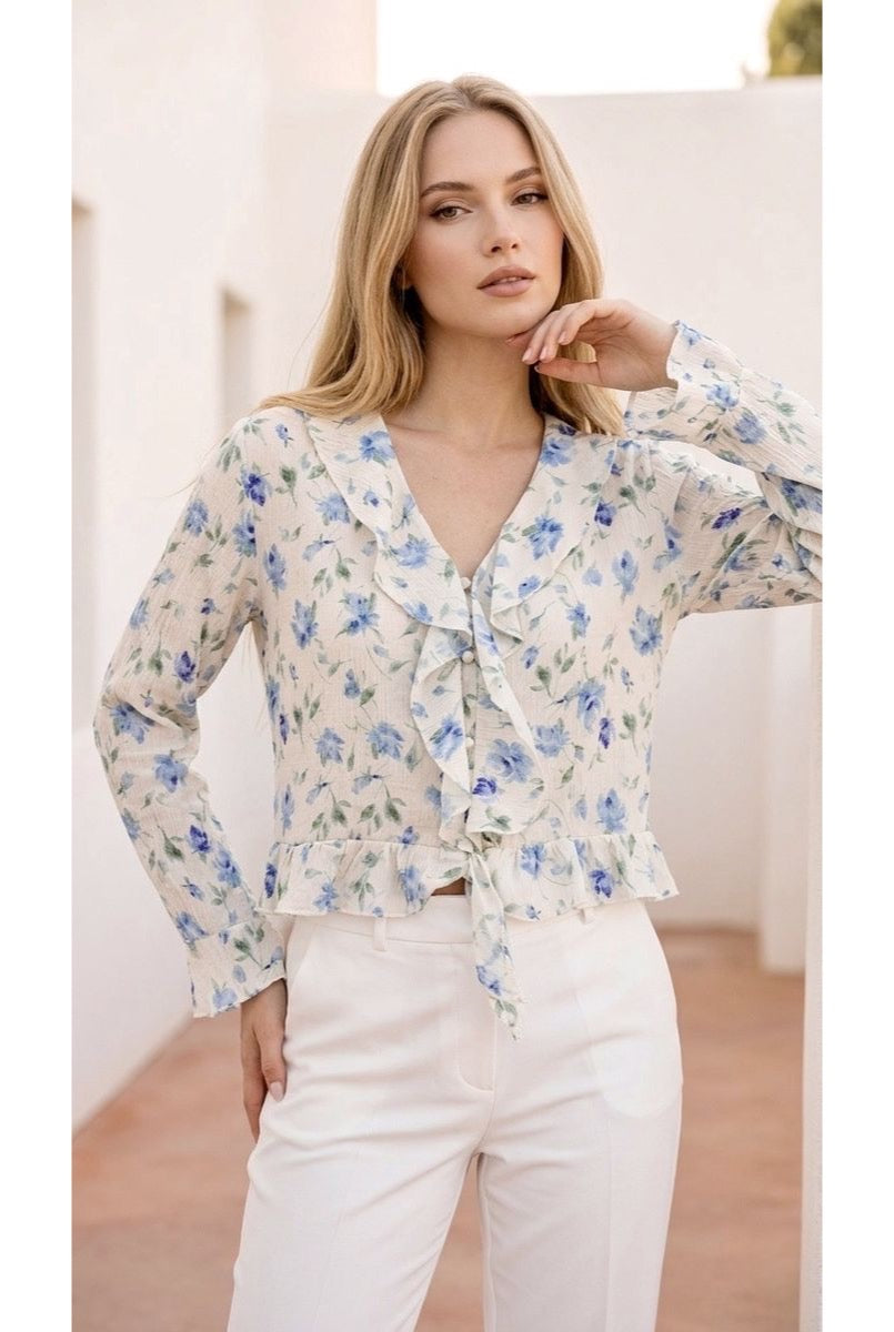 Chemise fleurie légère à volants élégants - Bleu