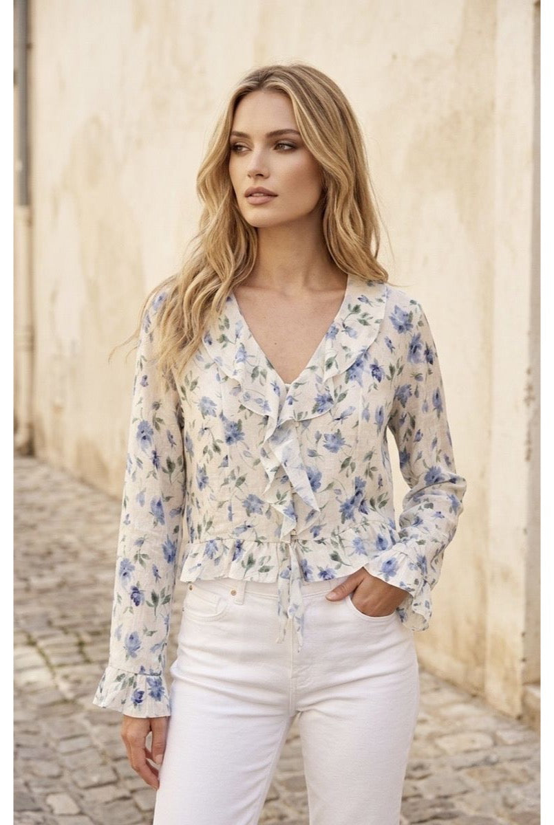 Chemise fleurie légère à volants élégants - Bleu
