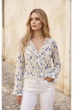 Chemise fleurie légère à volants élégants - Bleu