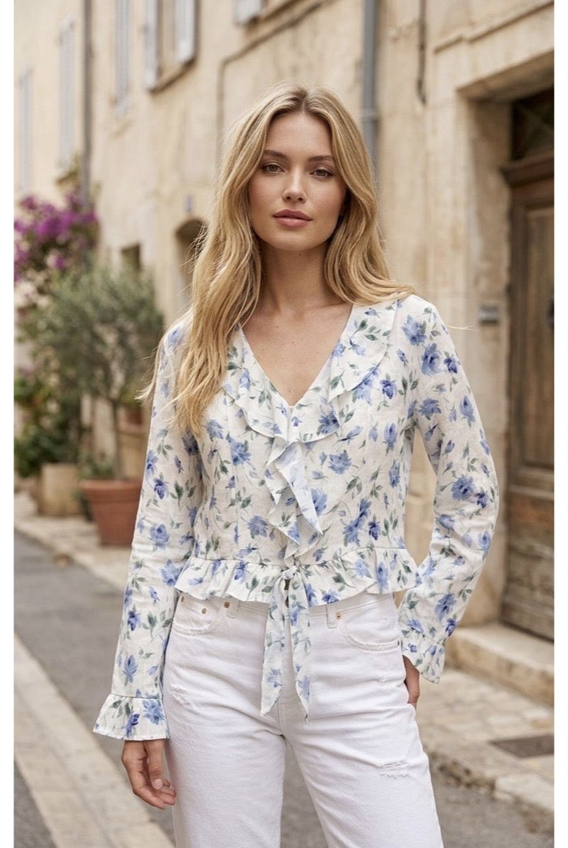 Chemise fleurie légère à volants élégants - Bleu