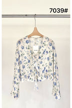 Chemise fleurie légère à volants élégants - Bleu