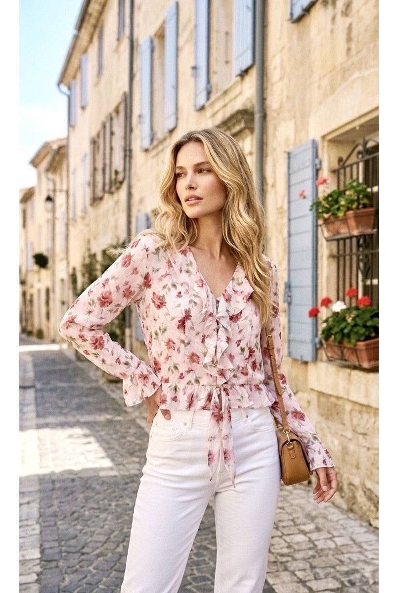 Chemise fleurie légère à volants élégants - Rose