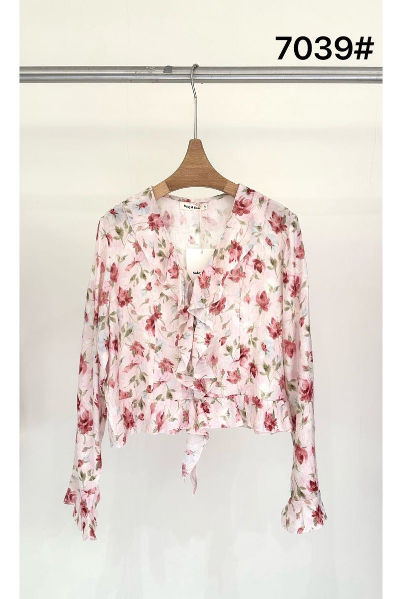 Chemise fleurie légère à volants élégants - Rose