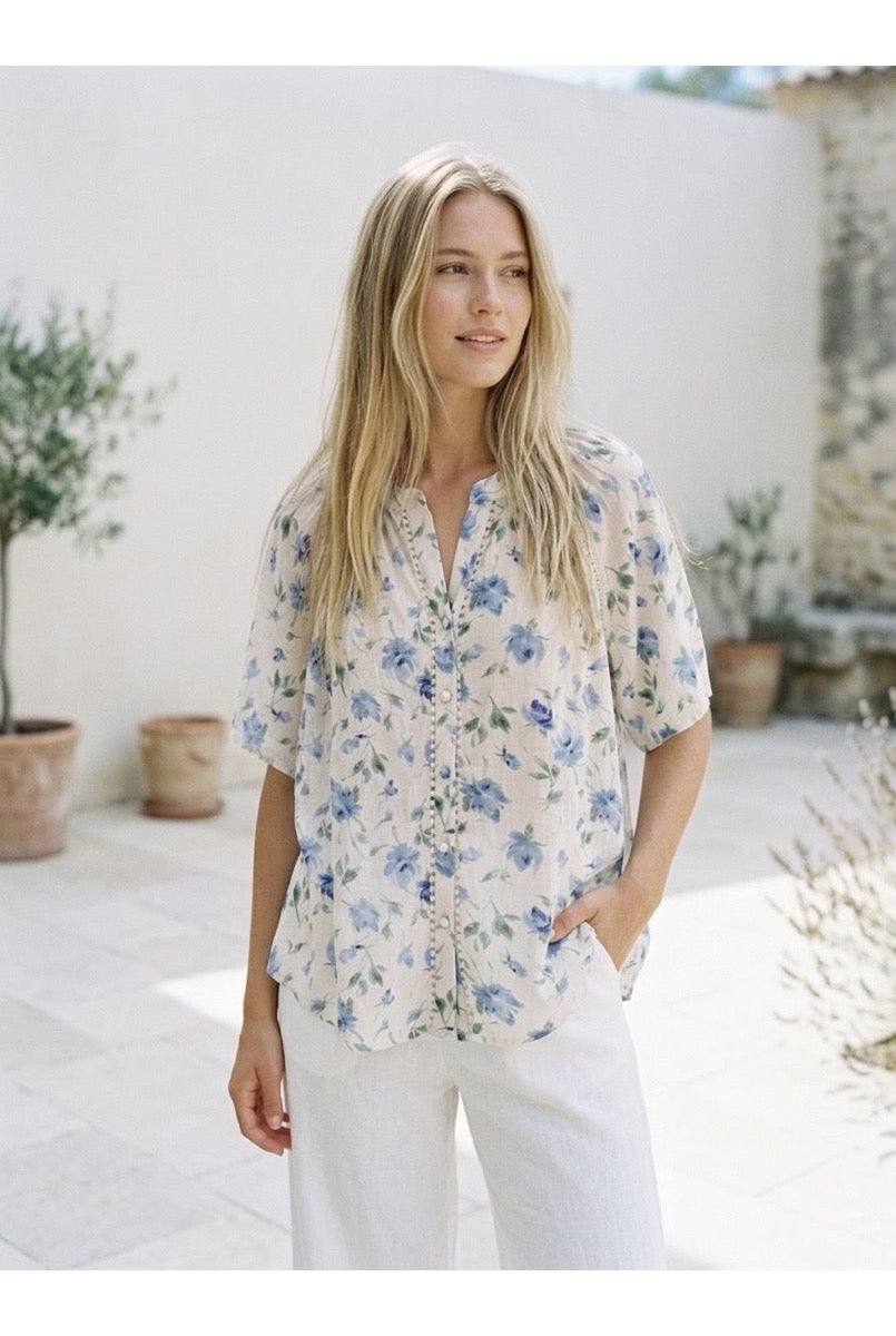 Chemise fluide imprimée manches courtes élégantes - Bleu