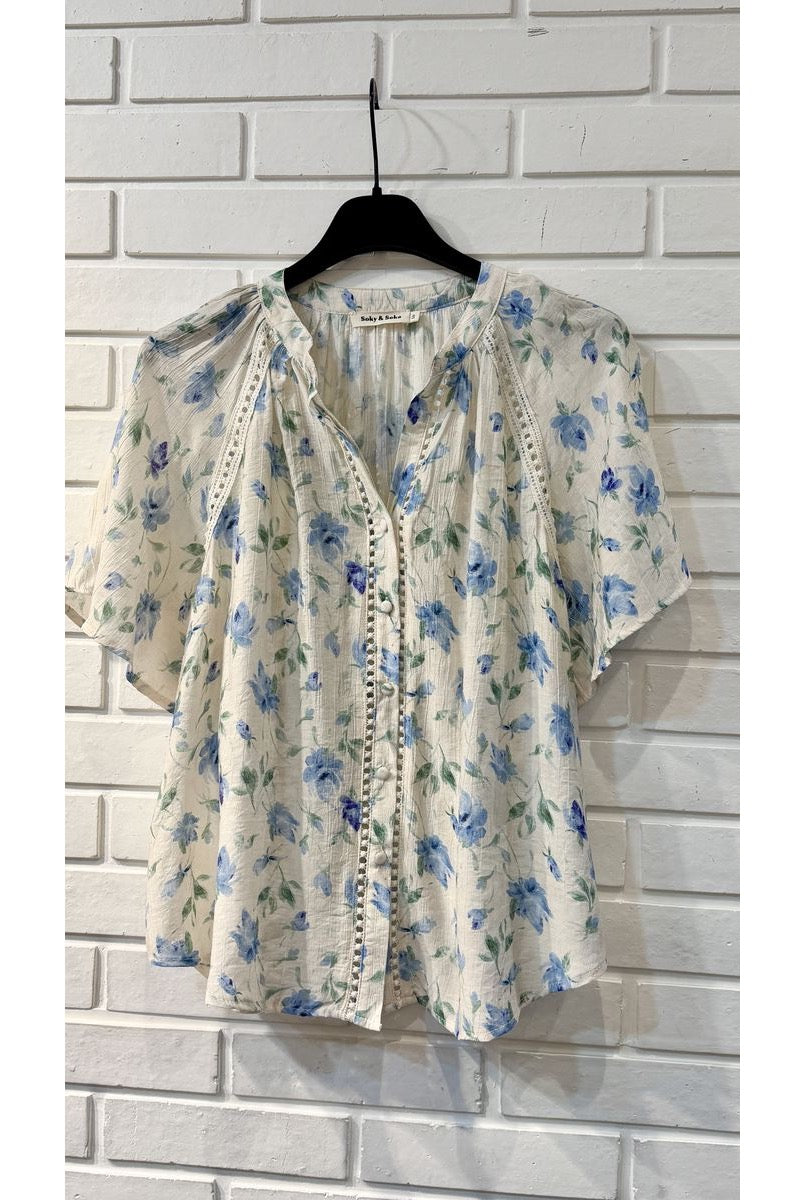 Chemise fluide imprimée manches courtes élégantes - Bleu