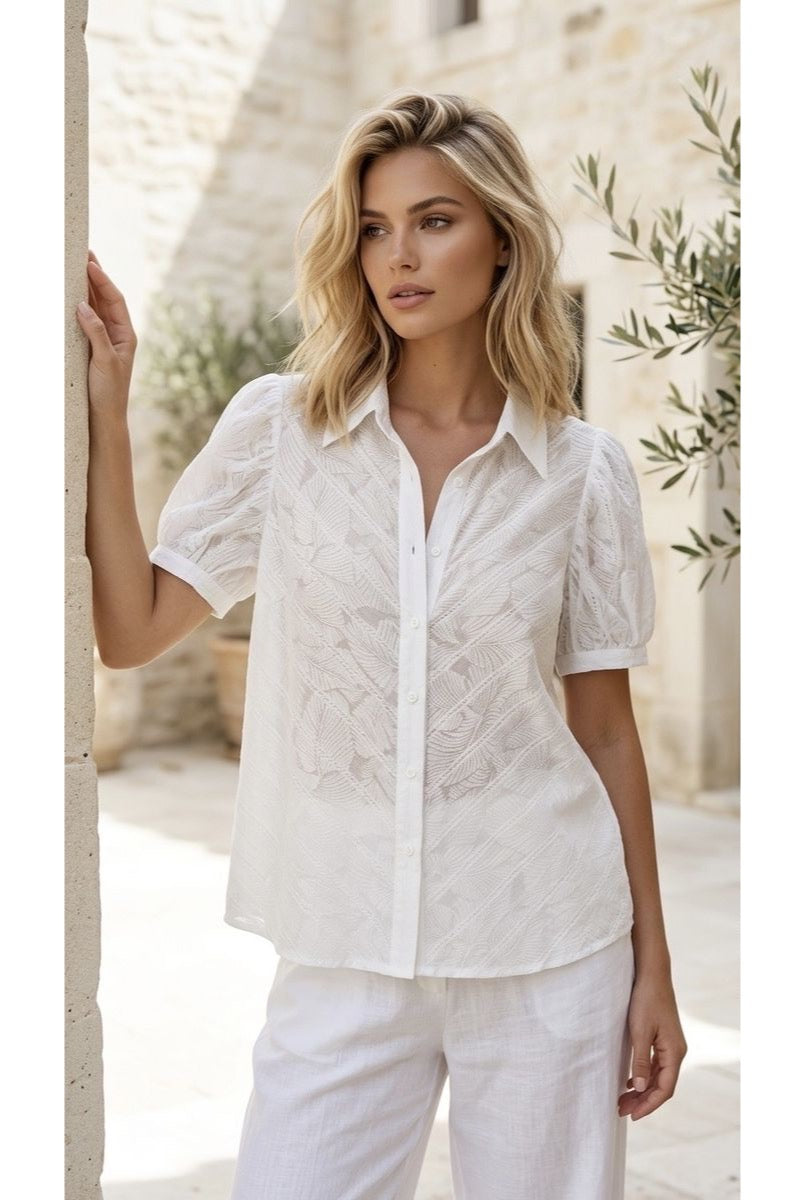Chemise texturée élégante manches bouffantes légères - Blanc