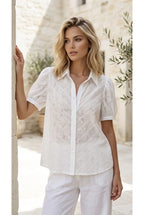 Chemise texturée élégante manches bouffantes légères - Blanc