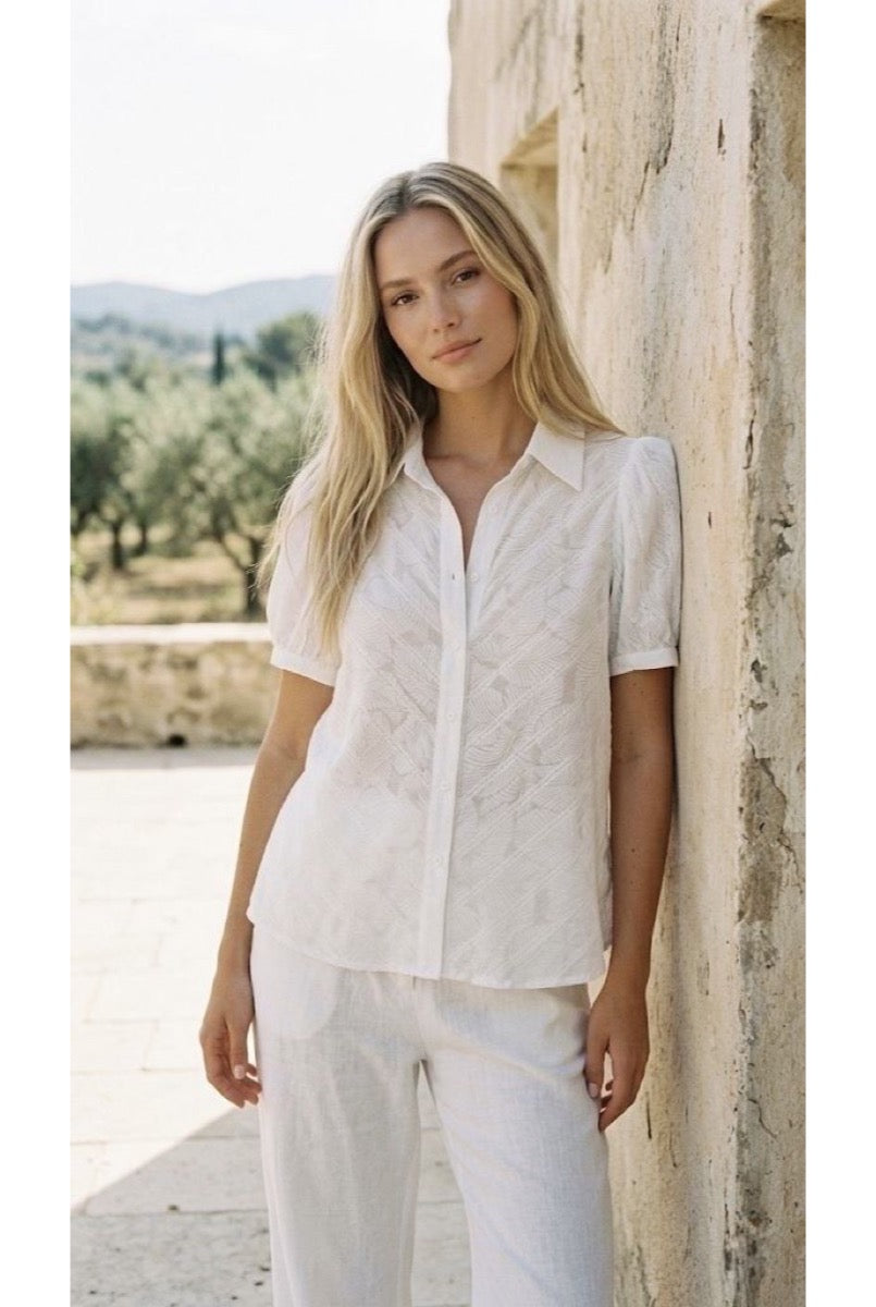Chemise texturée élégante manches bouffantes légères - Blanc