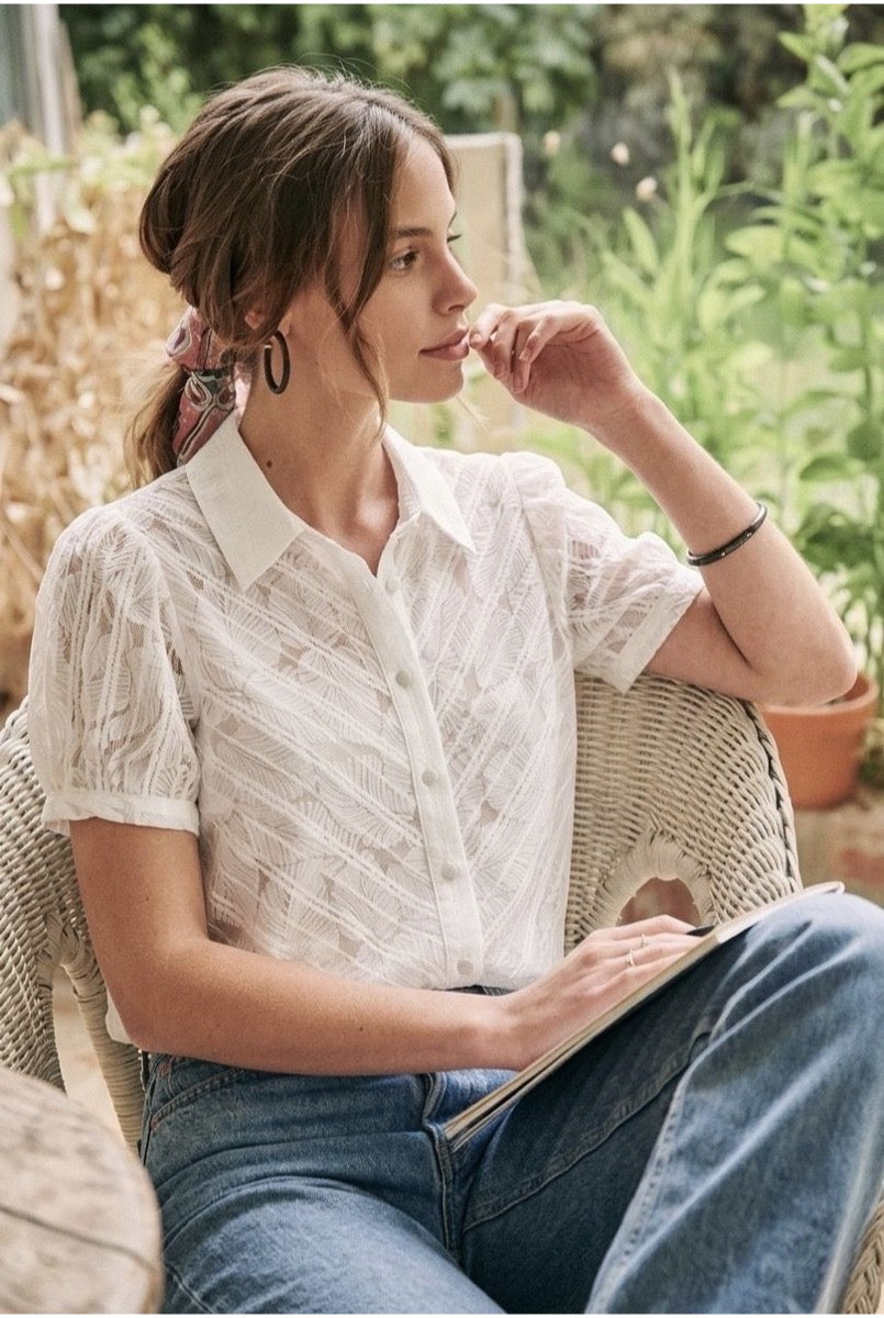 Chemise texturée élégante manches bouffantes légères - Blanc